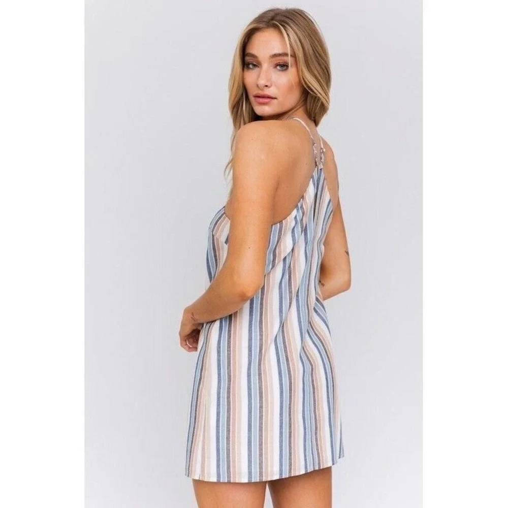 Le Lis Cassidy Stripe Halter Neck Dress Size Small Blue Taupe NWT‎